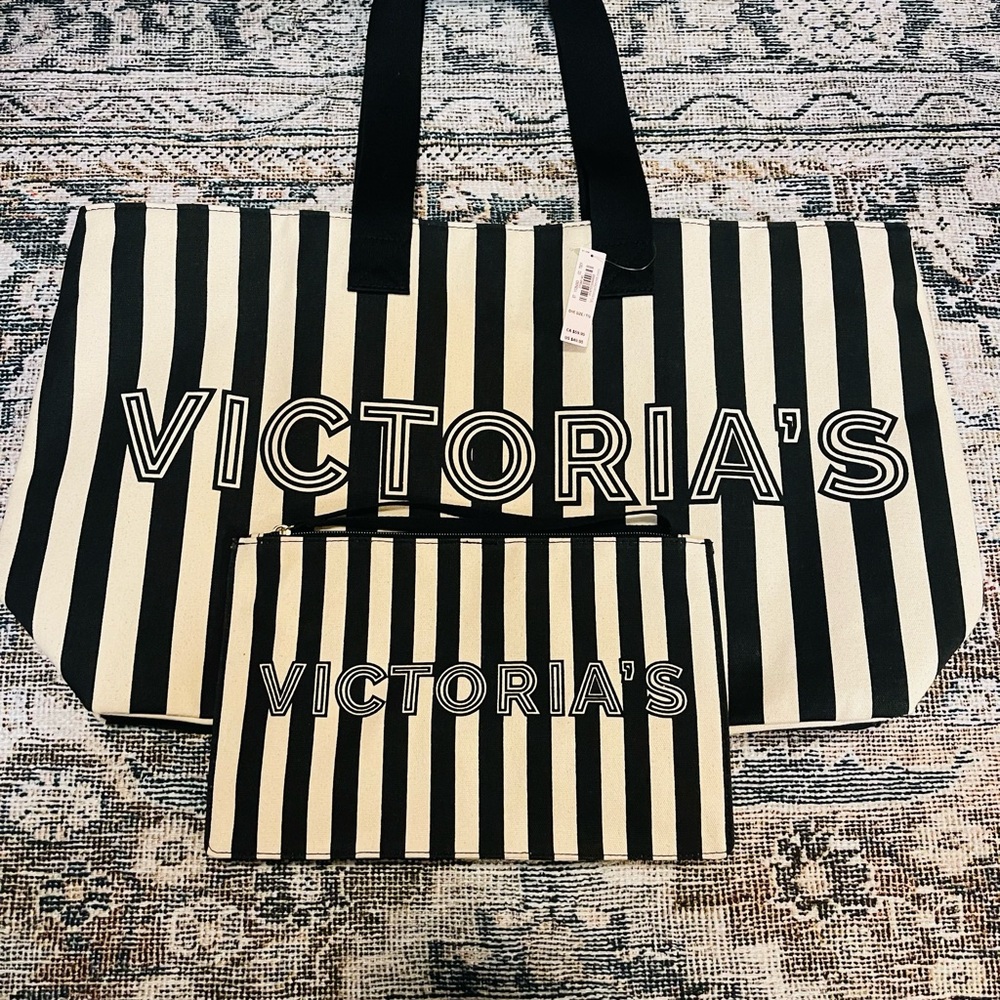 Victoria secret K Black and White Striped Tote Bag Set new with bag